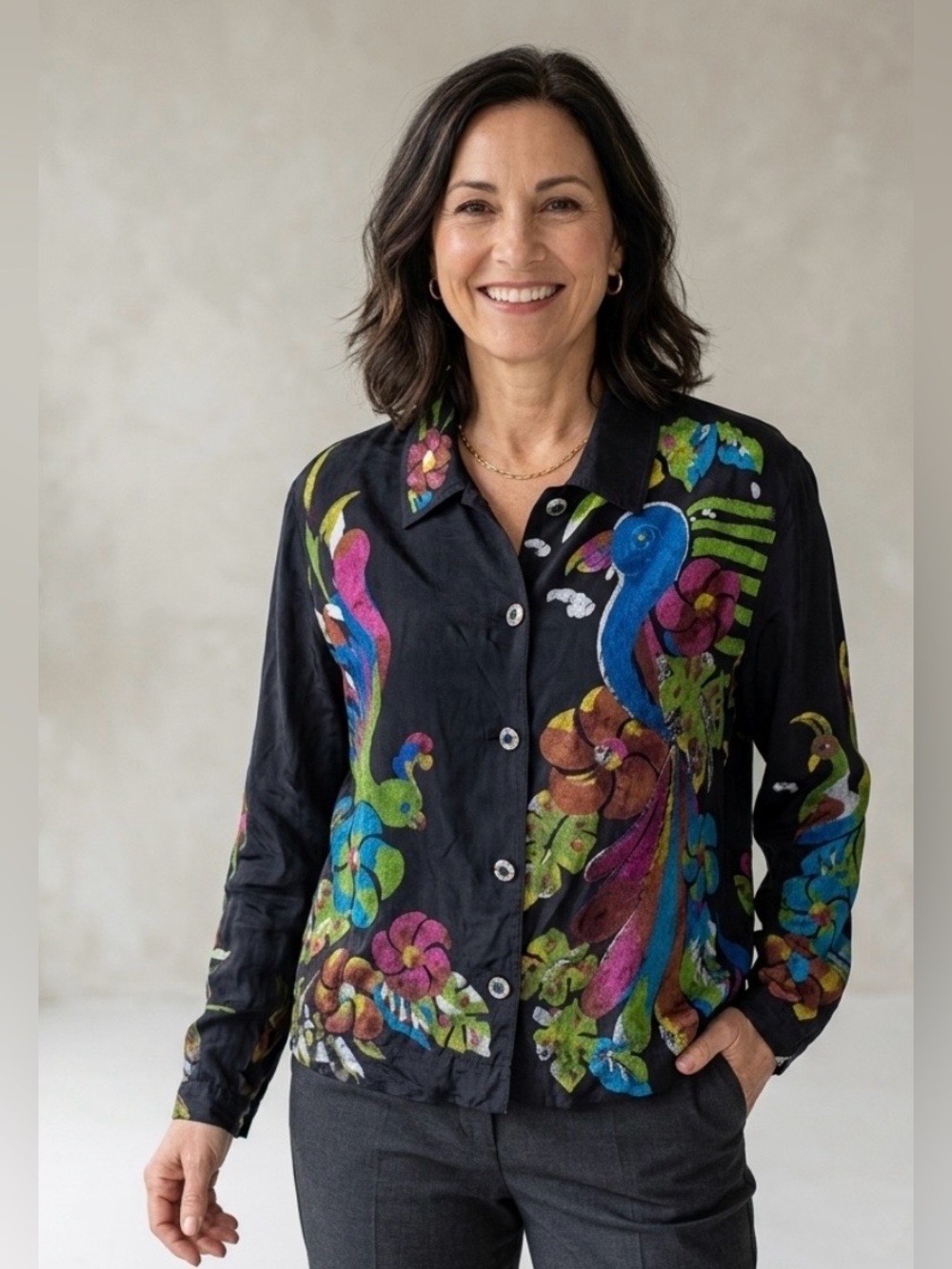 Goode Impressions Black 100% Silk Hand Painted Tropical Art Button-up Shirt Sz L